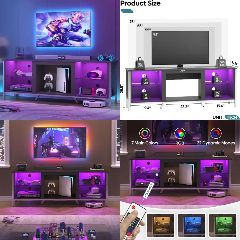 حامل تلفزيون 75 بوصة مع مركز ألعاب LED لجهاز PS5، أرفف قابلة للتعديل وأضواء LED، تصميم حديث