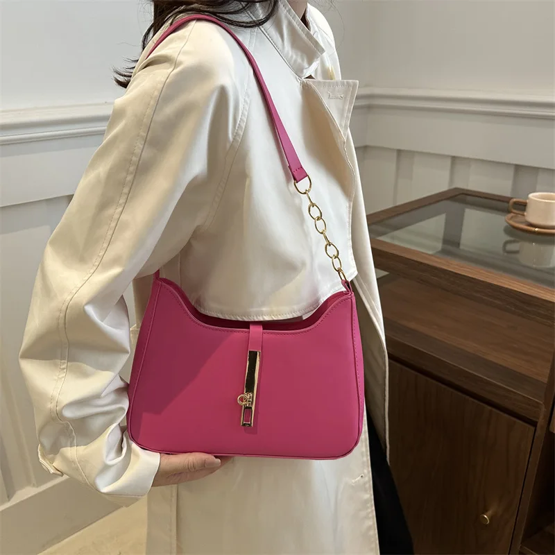 

New Pure Color Casual High Quali Vintage Faion Spring Lo Bule Single oulder Underarm Bag Simple Sli Trendy