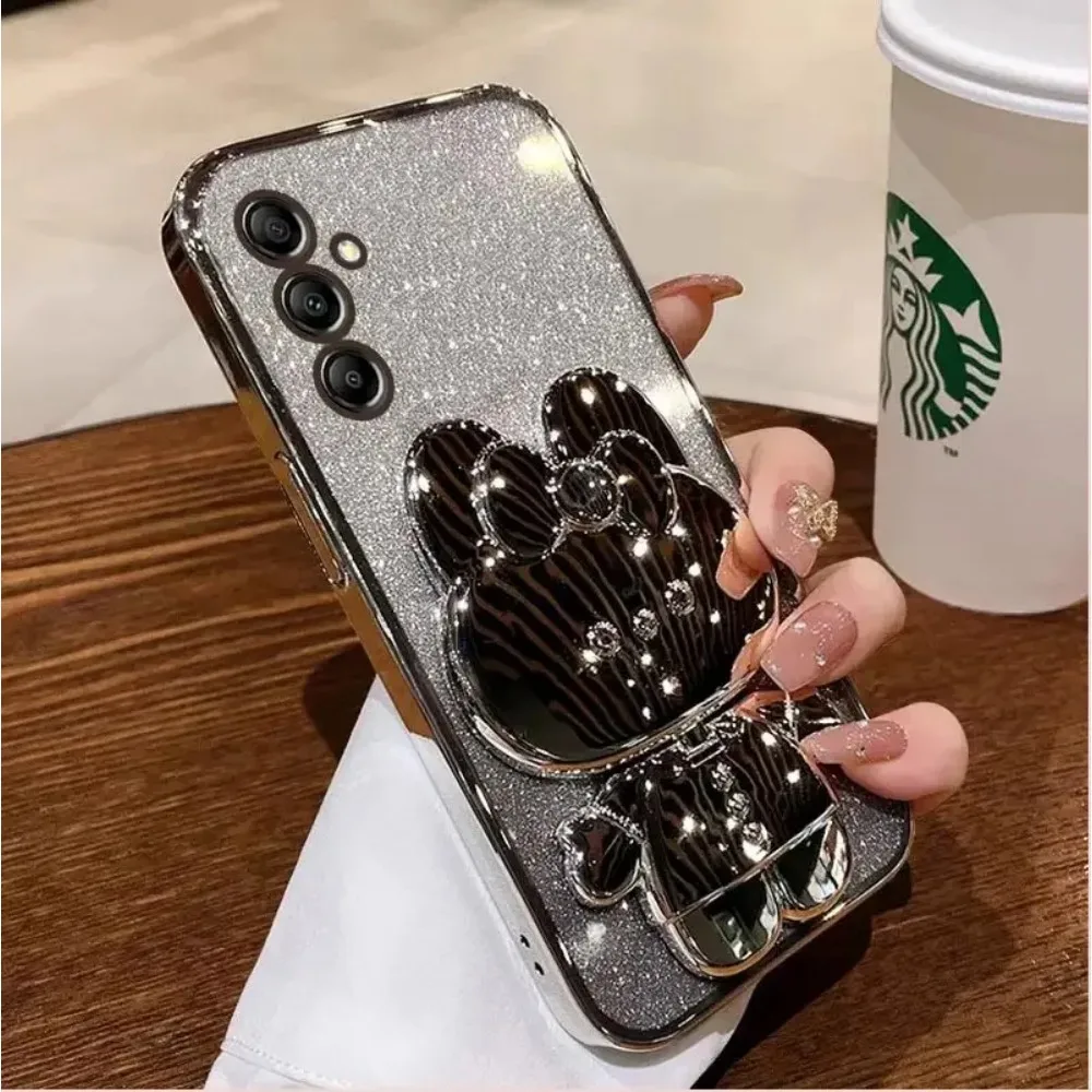 Rabbit Makeup Mirror Plating Phone Holder Case for Samsung S25 S24 Ultra Plus FE A16 A06 A55 A35 A25 A15 A05S Shockproof Case