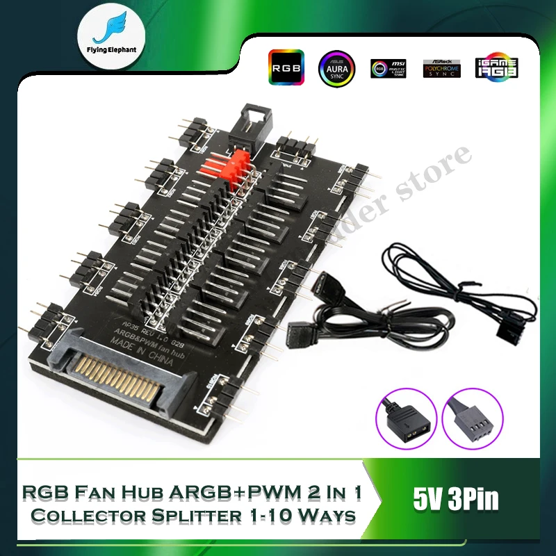 Ventilador RGB Hub ARGB + PWM 2 en 1, divisor de colector de 1-10 vías, compatible con MB 5V, 3 pines AURA SYNC, tira de luz LED SATA, Enfriador de ventilador de PC RGB