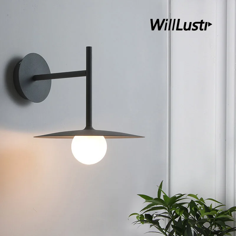 

UFO Metal Wall Lamp Black White Gray Sconce Hotel Cafe Bar Bedside Corridor Staircase Creative Glass Ball Shade Iron Lighting