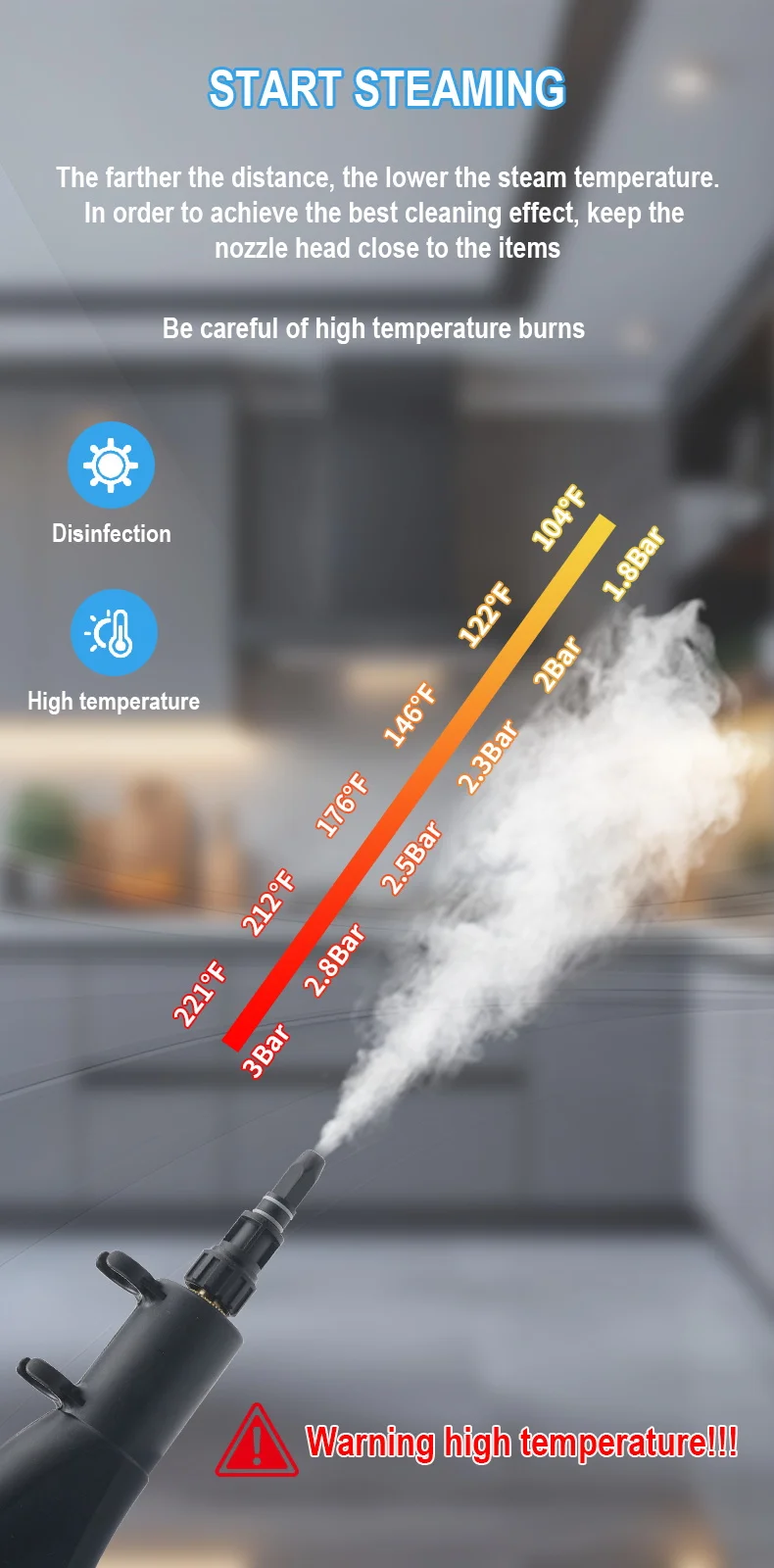 Dampfreiniger mit Hochdruck und -temperatur, Handgehaltener Dampfmopp für Gewerbe und Haushalt, Klimaanlagen, Dunstabzugshauben, Auto- und Jet-Reinigung – Detail 8