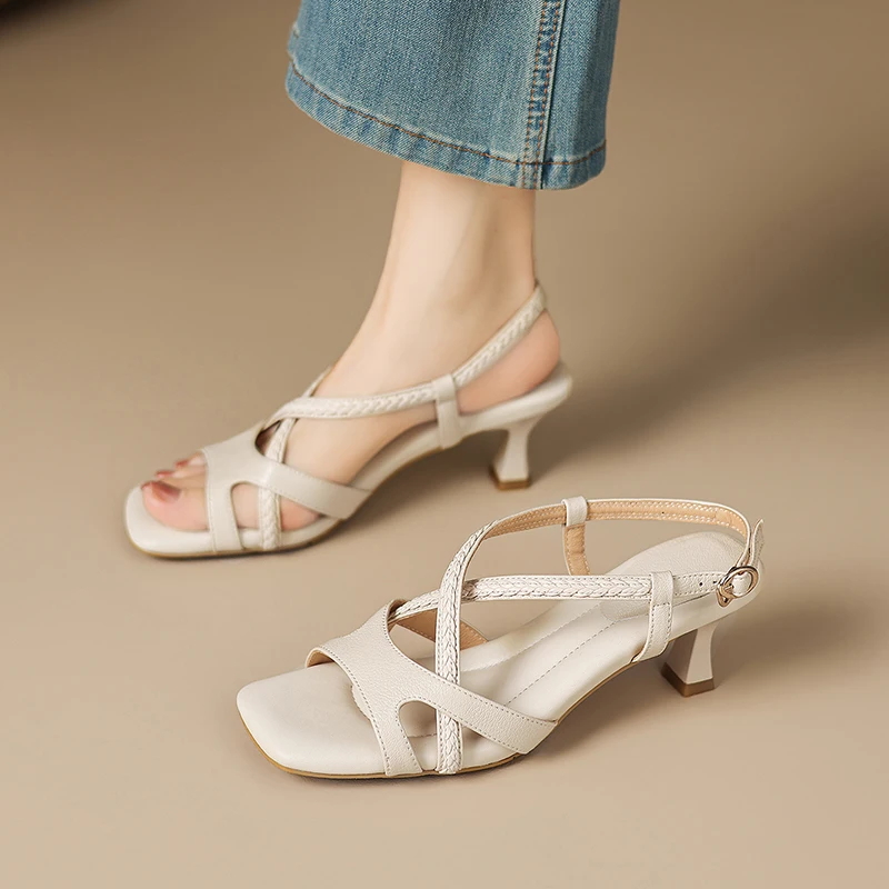 2026 new summer women sandals natural leather 22-25cm cowhide+pigskin+sheepskin cross-tied ankle-buckle high heel women shoes