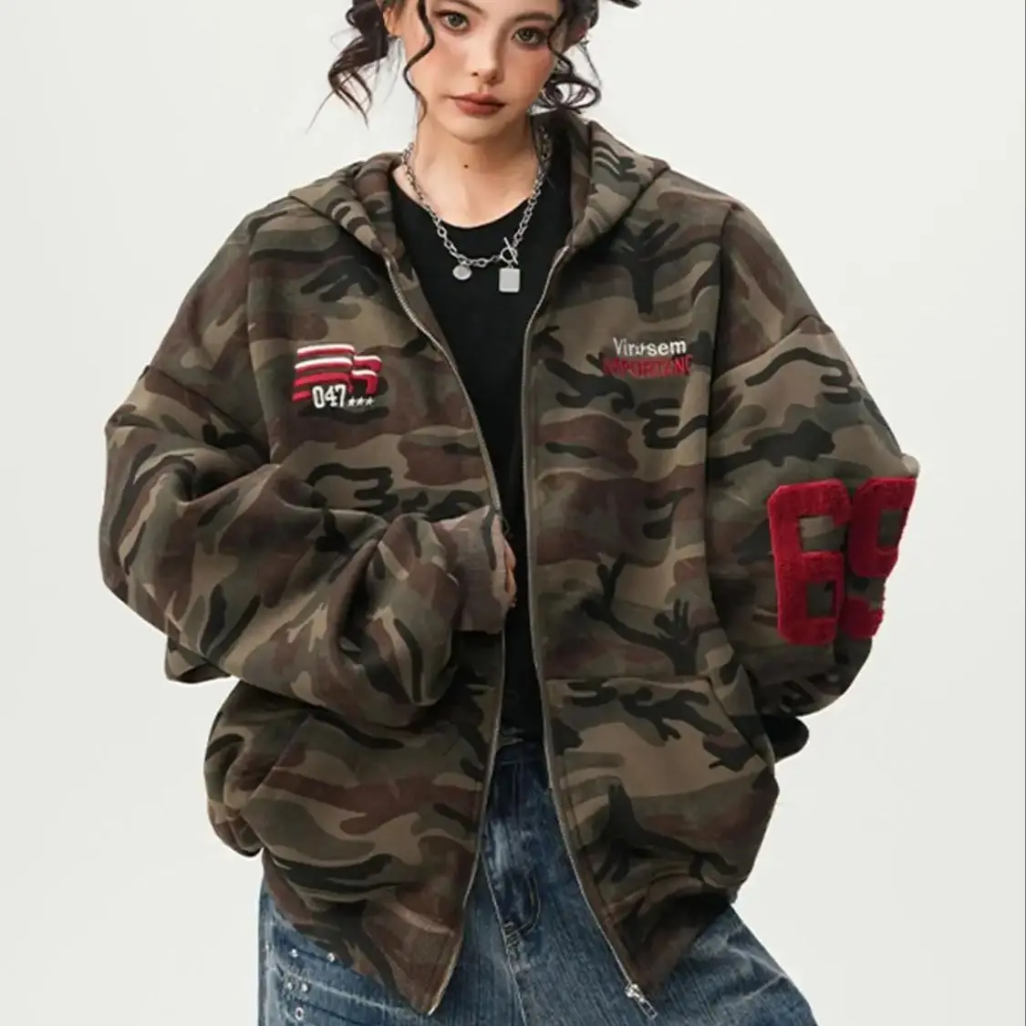 

Толстовка унисекс в американском стиле High Street, винтажный камуфляжный кардиган с открытой передней частью, весенняя свободная куртка с капюшоном, милый крутой гонконгский стиль