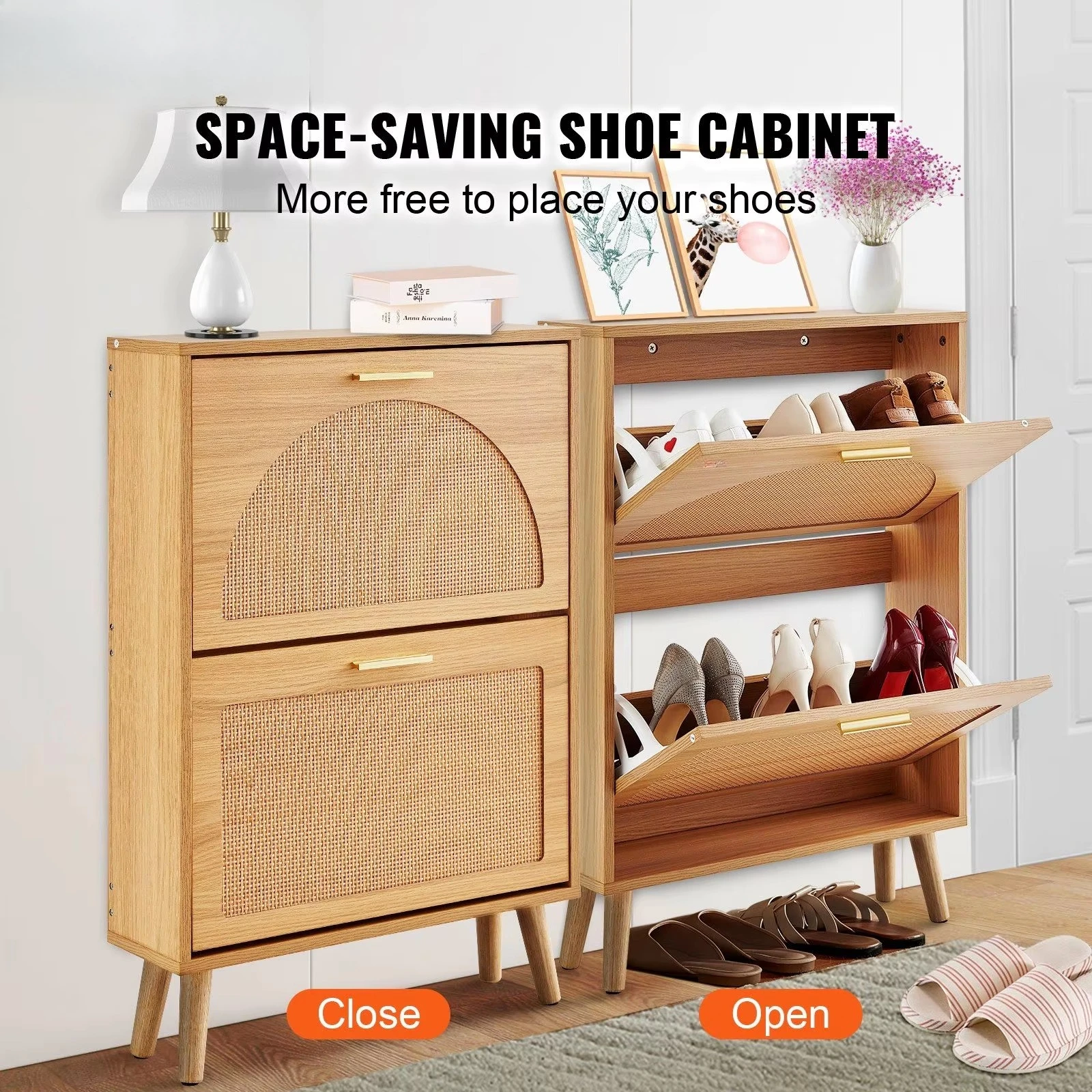 Shoe cabinet 2 flip drawers, rattan door porch living room storage cabinet, modern design