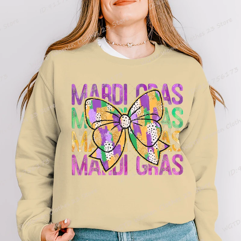 Bow Mardi Gras Print Pullovers For Women Autumn And Winter Casual Crew Neck Loose Tops Ladies Hoodless Pullover Women Sweatshirt