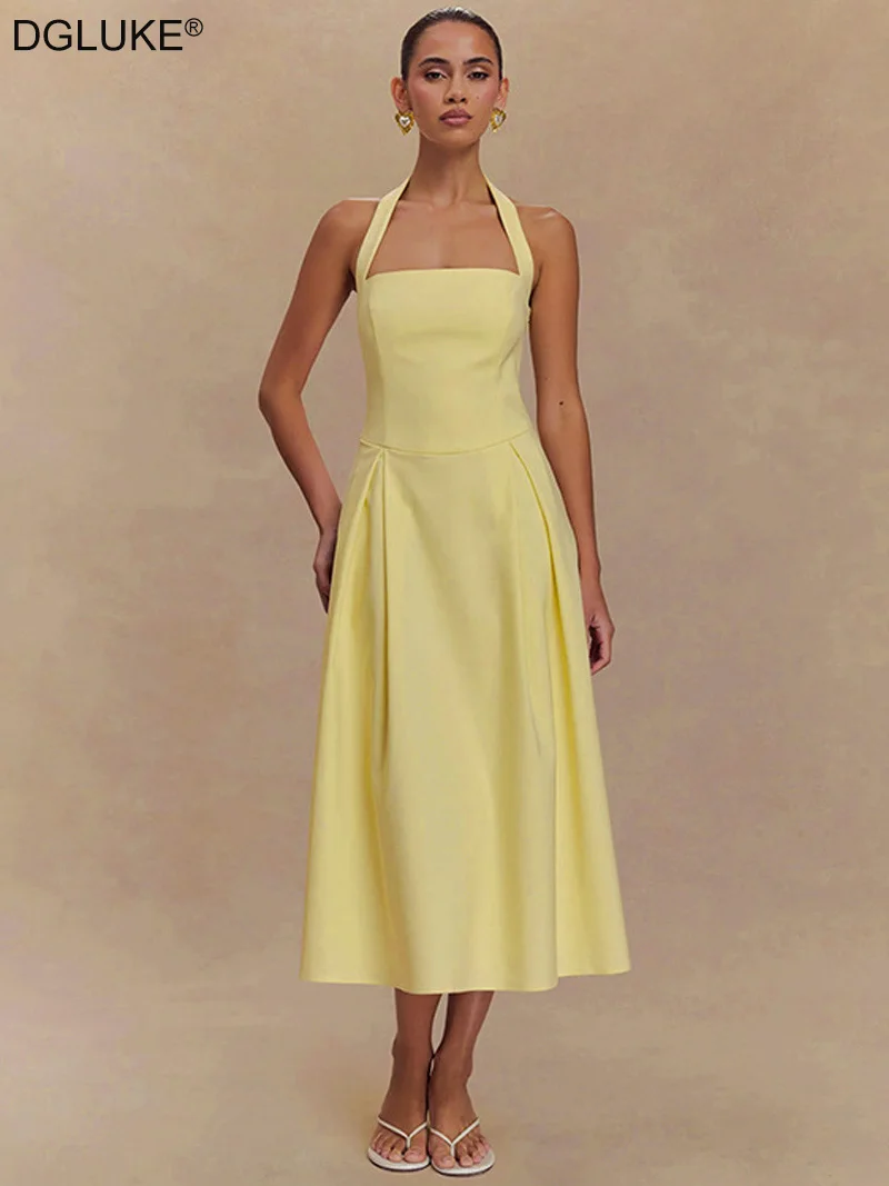 

DGLUKE Halter Neck A-Line Long Dress Woman Square Neck Backless Fit And Flare Dress Chic Elegant Cocktail Dress
