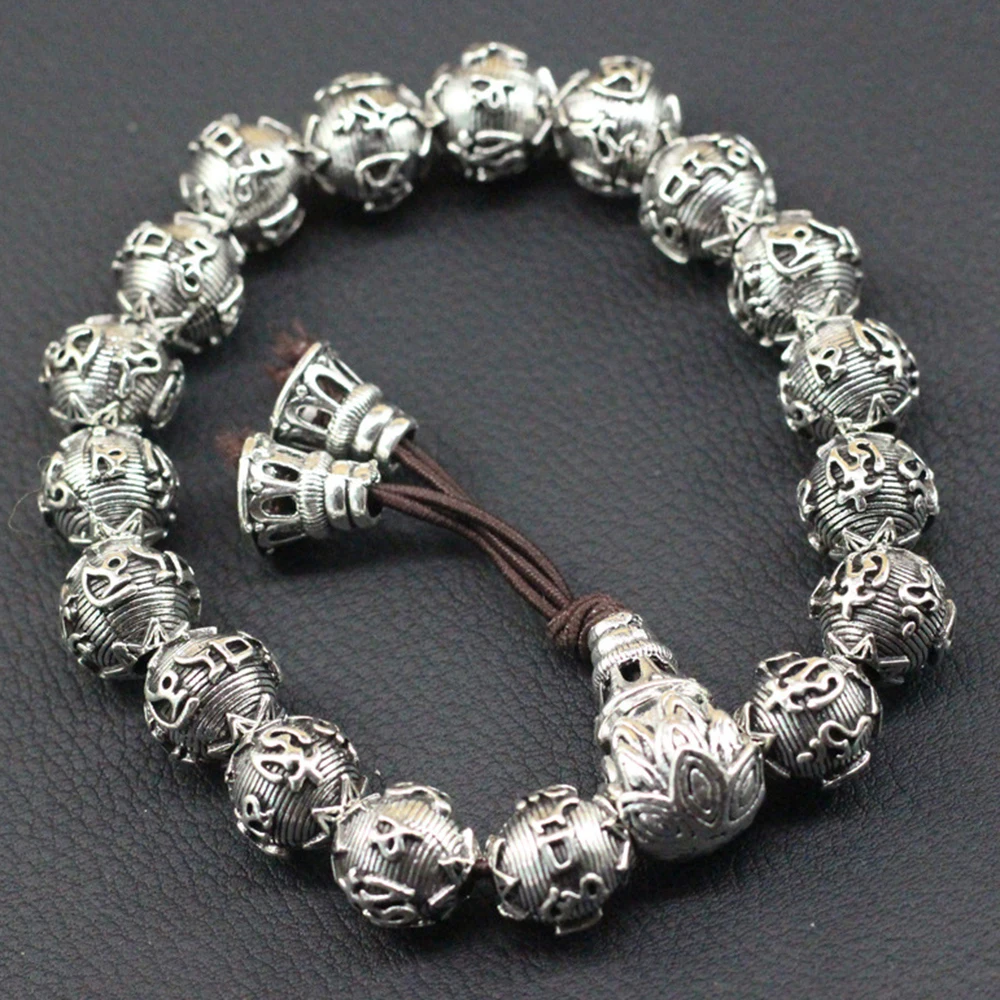 Six-character Mantra Bead Bracelet Men Prayer Tibetan Buddhism Yoga Vintage Silver Color Handmade Bangle for Women Jewelry Gifts