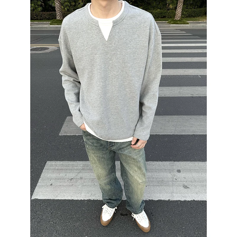 M-XXXL Solid Color Long Sleeve T-Shirt Autumn Fashion Casual Streetwear Fake Two-Piece Layered Top for Women And Men 3XL