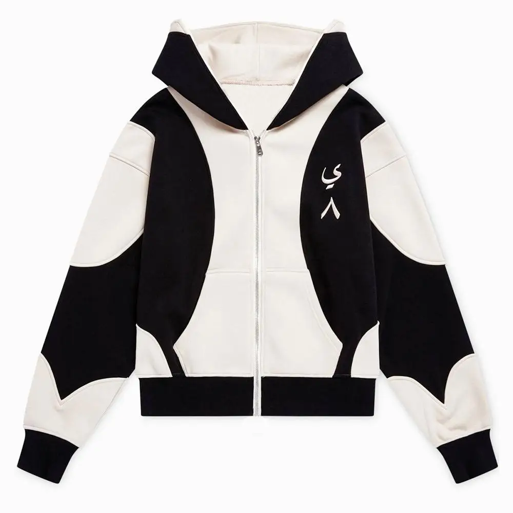 

European and American Ins style autumn and winter color blocking splicing street casual cardigan zipper letter embroidery hooded