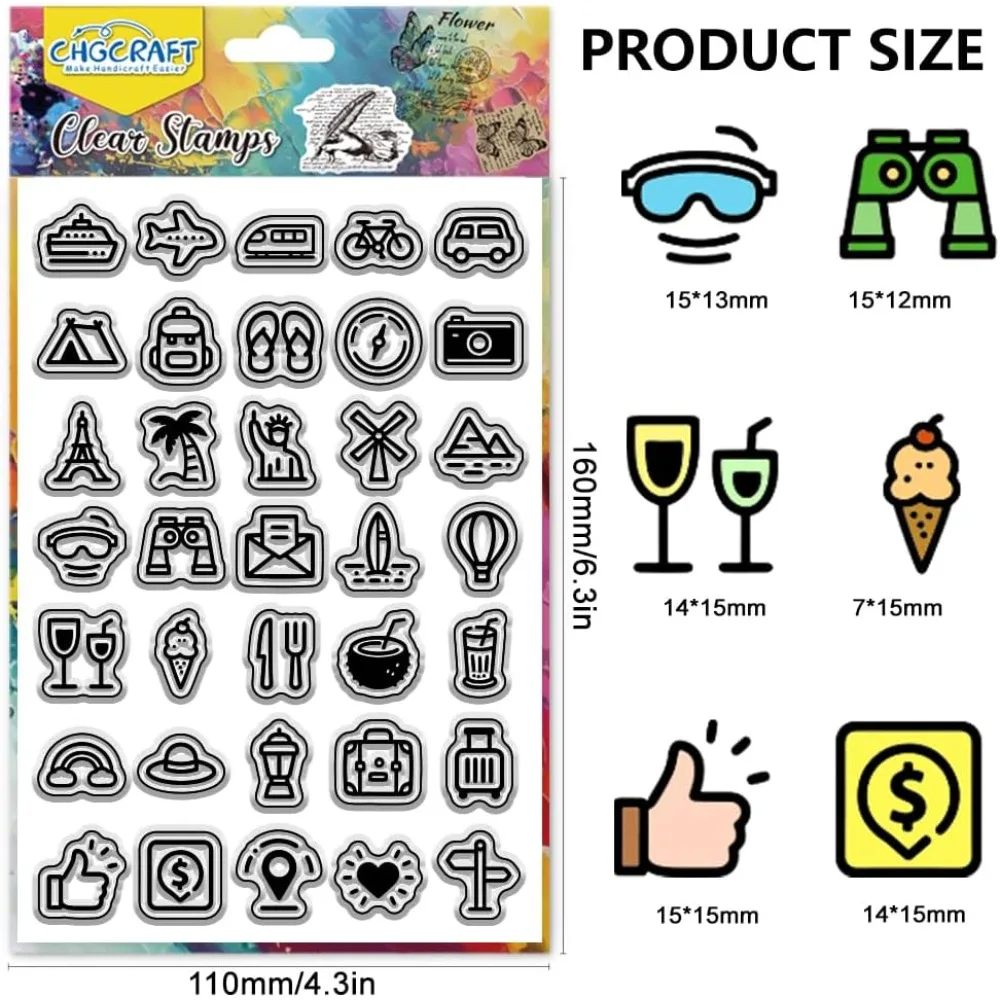 Travel Elements Mini Icon Clear Stamps Transportation Icon Transparent Stamps Famous Attractions Clear Stamp Seals