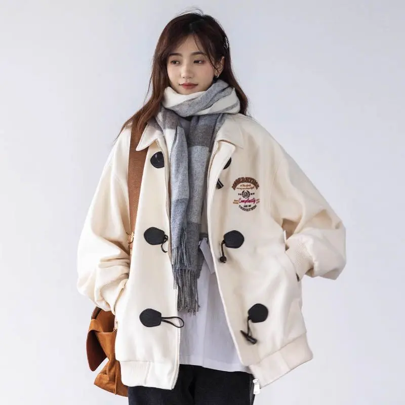 Korea Horn Button Retro Chic Designed Loose Solid Color Button-Up Turn-Down Collar Jacket Women Loose Teenagers Sweet Outwear