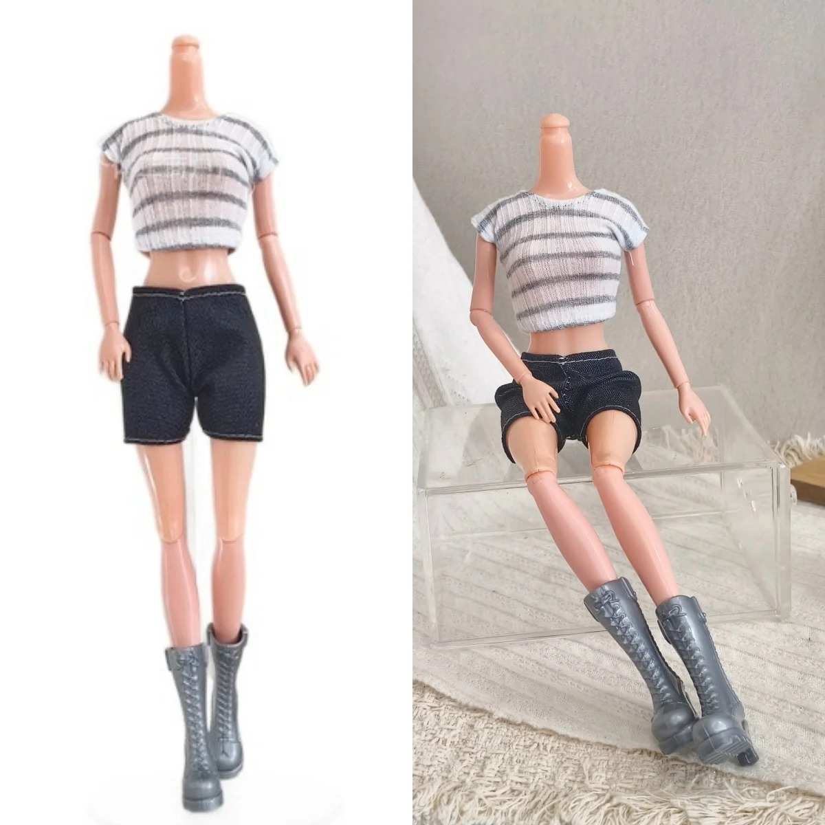 Fashion Casual Striped T-shirt + Versatile Denim Shorts Pants Set For 1/6 FR Babi Supermodel Doll 30cm Doll Clothes Accessories