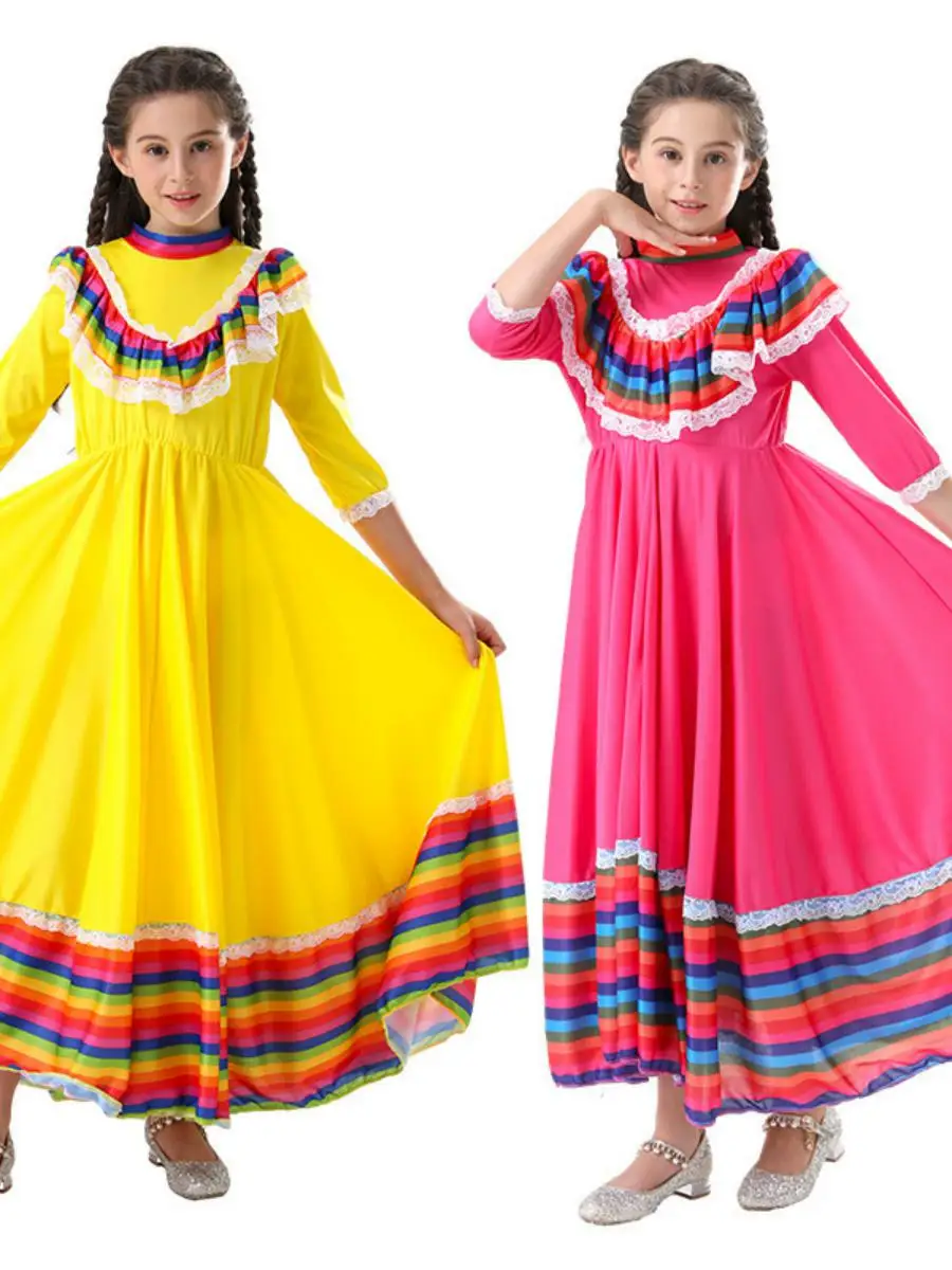 Neue Halloween Mädchen Ethnische Tanz Große Rock Kostüm Kinder Leistung Kleidung Dr up Polyester Material Mexikanischen Rock