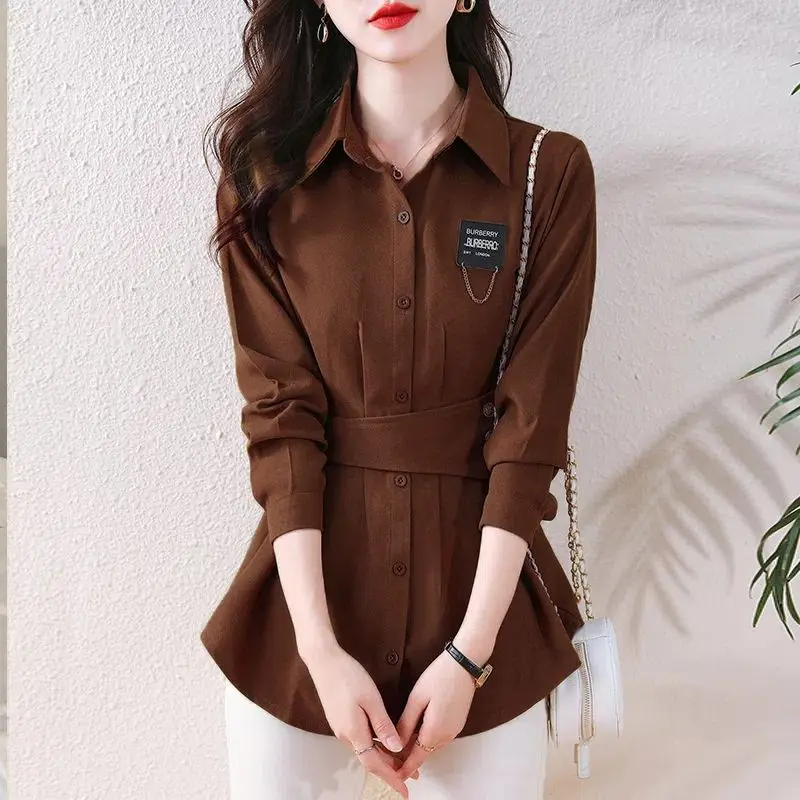 Casual coreano bandagem cintura manga longa camisa moda roupas femininas outono elegante chique polo-pescoço botão blusa de cor sólida