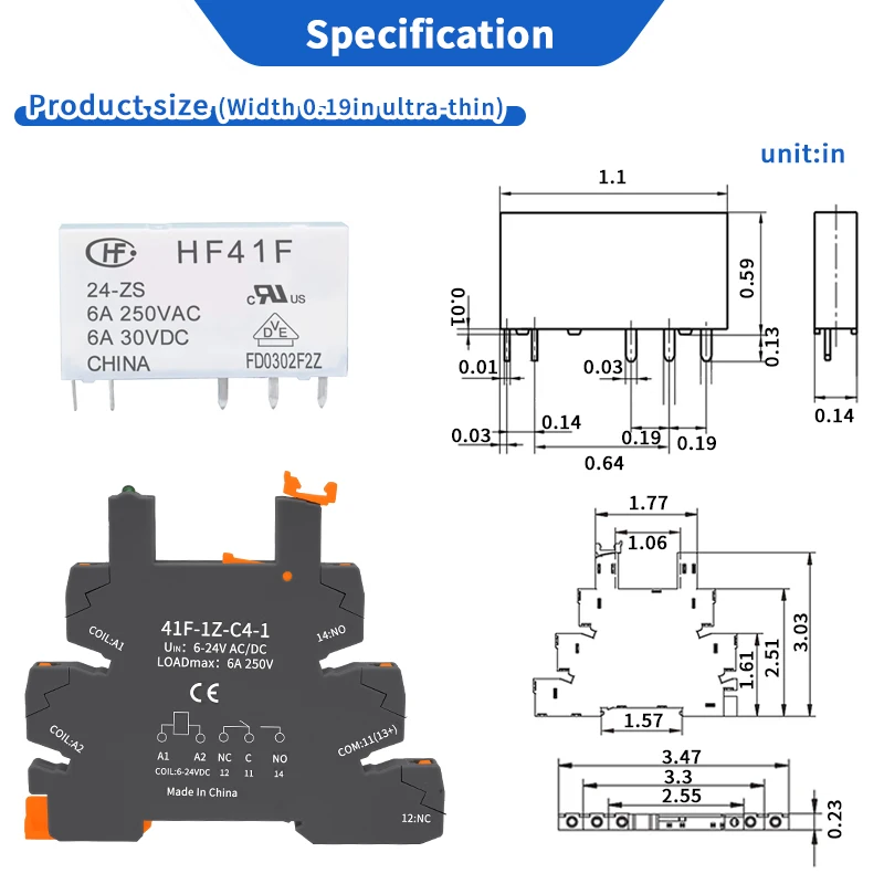 10pcs relè sottile 5V 12V 24V relè montato su guida DIN Moudle HF 41F SSR 30VDC 250VAC relè di interfaccia ad alta frequenza con Led 6A