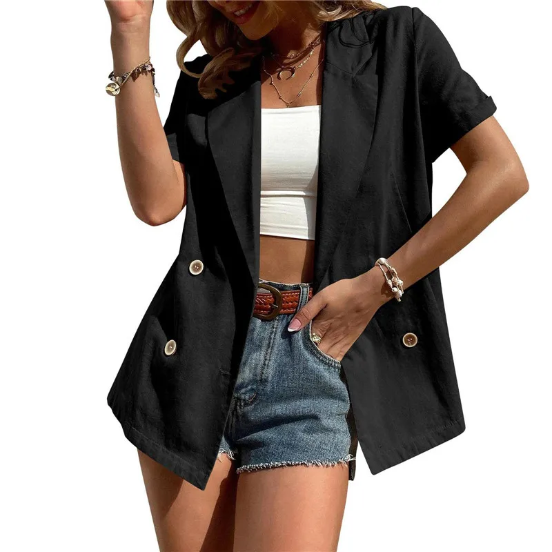 Office Lady Notched Collar Suit Coats 2023 Summer Short Sleeve Blazer Casual Workplace Suit Jackets Formal Women Suits