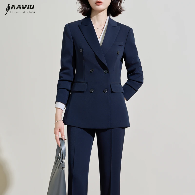 

NAVIU Fashion Black Navy Blue Professional Business Suit for Women Slim Double Breasted Blazer And Pants Set Office Work Wear