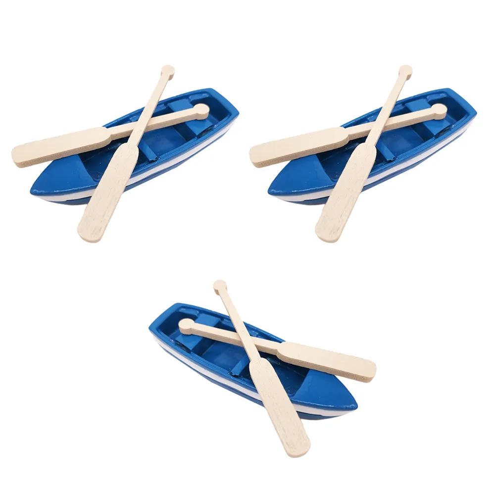 

3Sets Mini Rowboat Ornament Blue Wooden Resin Boat Decor with Paddles for Desk Car Office Bedroom Dollhouse Micro Landscape