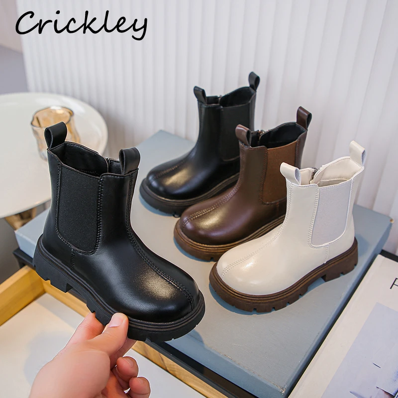 

Spring Autumn Solid Children Chelsea Boots PU Leather Soft Design Kids Ankle Shoes Zip Anti Slip Boys Girls Fashion Boots