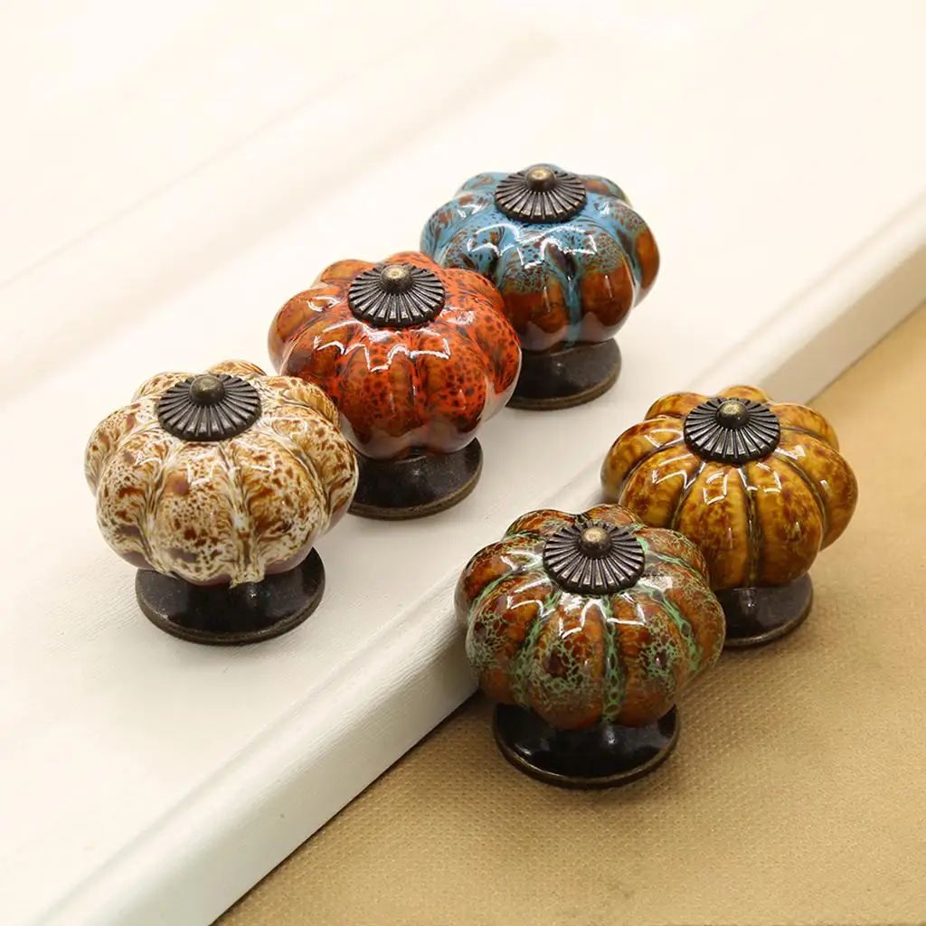 Cute Round Pumpkin Shape Ceramic Cabinet Pull Knobs, 1.6x1.6x1 inch