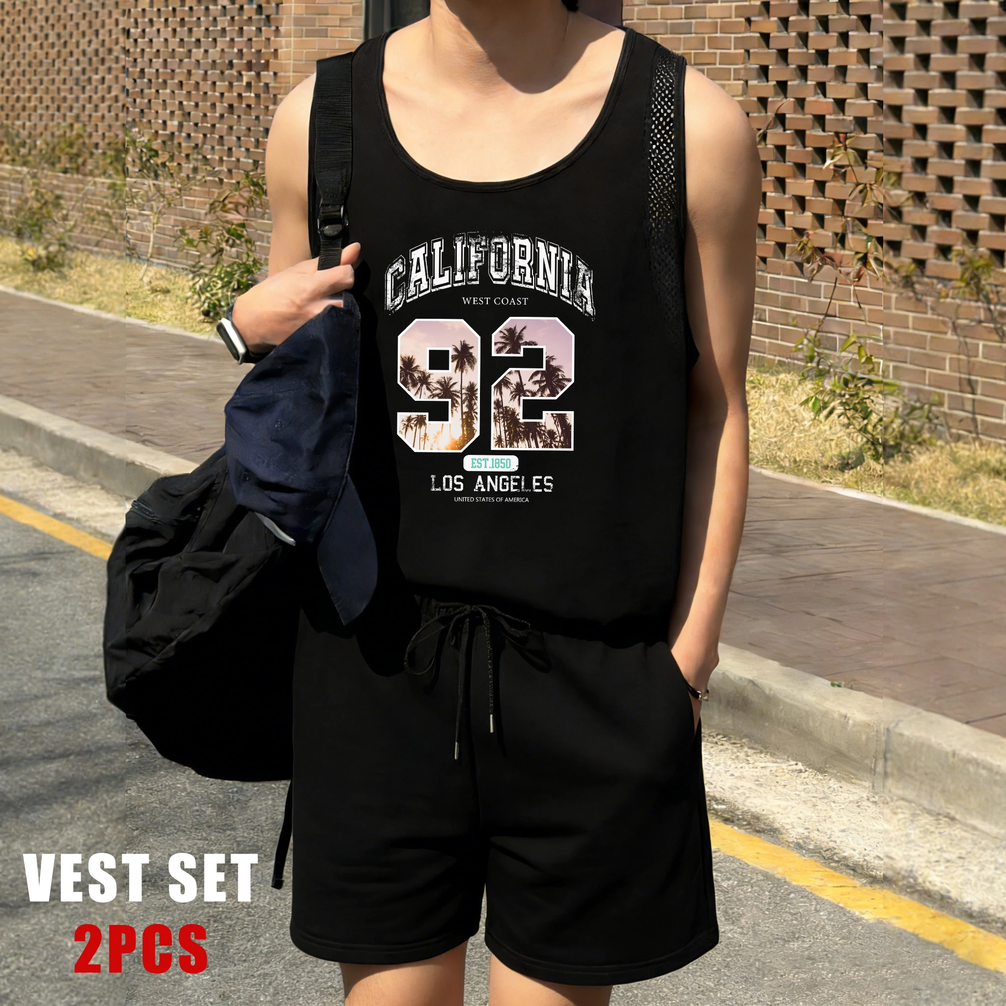 

Coconut Trees In California, Usa Male Reticular Vest Suit O-Neck Clothing All-Match Sport Shorts Man Fashion Sleeveless Tee