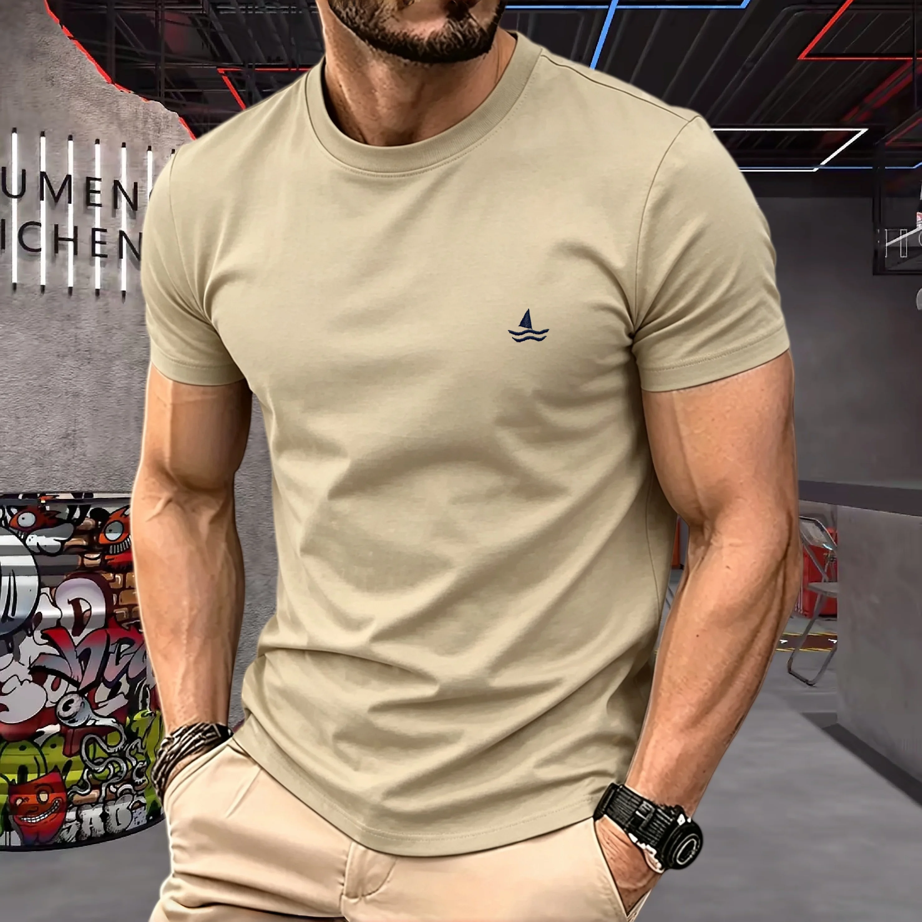 2026 Herren 100% Reine Baumwolle T-Shirt mit Segelboot-Stickerei Rundhals Kurzarm Lässige Sommer-Mode Oberteile – Detail 15