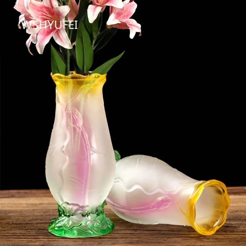 1pc Liuli Glass Lotus Relief Flower Vase with 3D Lotus Pattern Gradient Glaze for Buddhist Altar Offering and Home Decoration