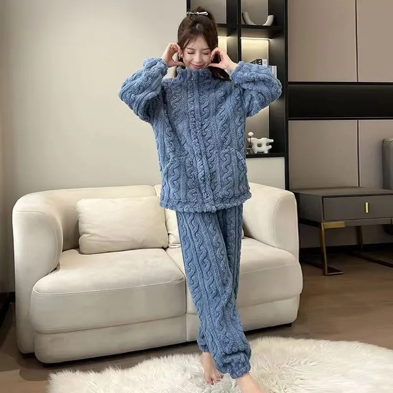 Flannel Pajamas Autumn Winter Homewear Women Plus Velvet Nightgown Famale Warm Large Size Loungewear Loose Home Service Suit