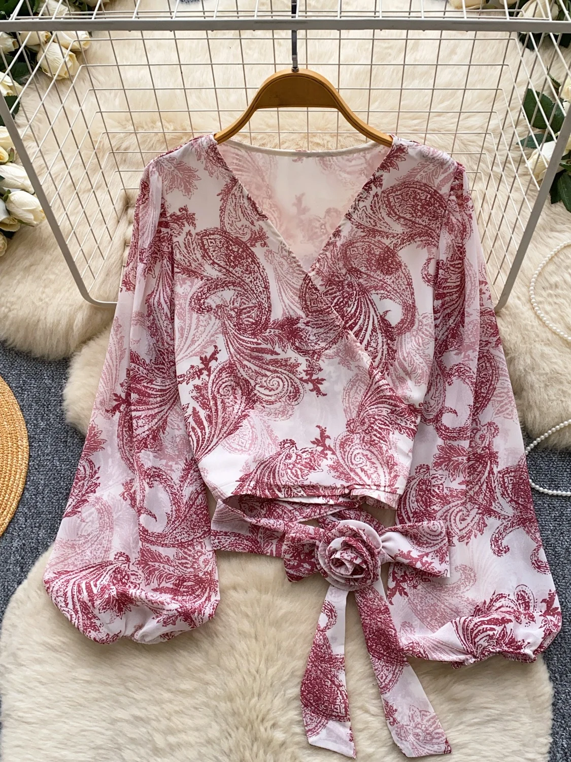 Korean Style V-Neck Tie Waist Lantern Sleeve Printed Shirt Women's Spring Commute Fashionable All-Match Long Sleeve Shirt