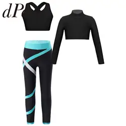 Kids Girls Sports Outfit Tracksuit Children Yoga Set for Ballet Gymnastics Clothes Performance Fitness Gym Running Workout Suits