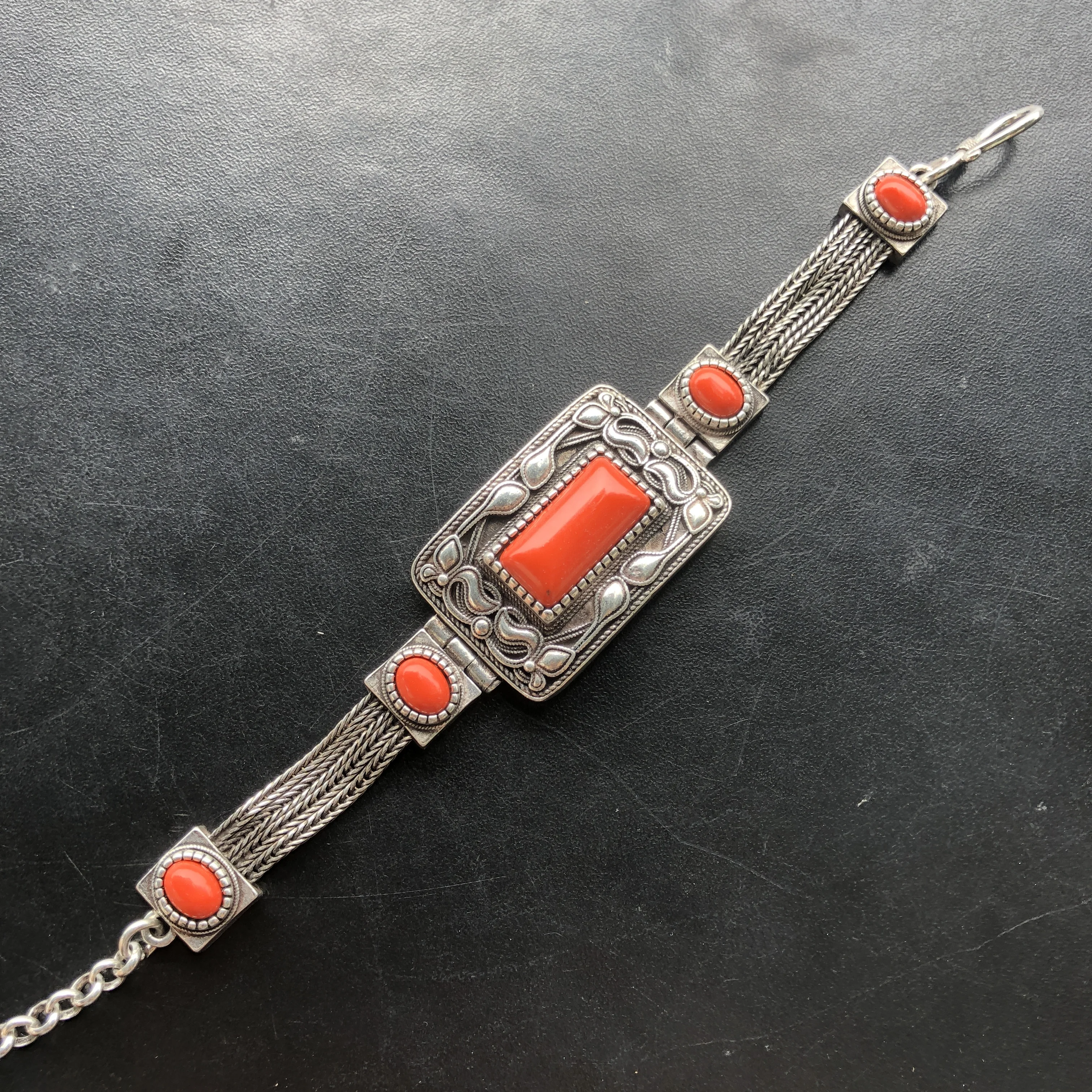 Vintage Tibetan Silver Bracelet Multi‑Chain Braided Band Rectangle & Oval Red Synthetic Stone Ornate Carved Ethnic Retro Women H