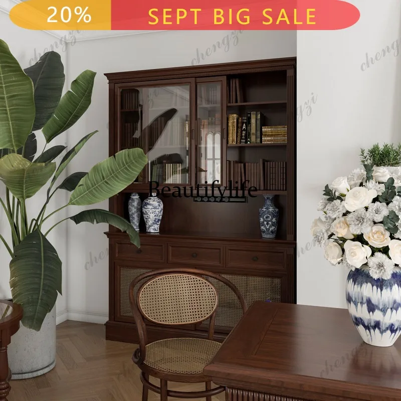 B178 American solid wood dining side cabinet cream white storage wine cabinet retro living room integrated high cabinet