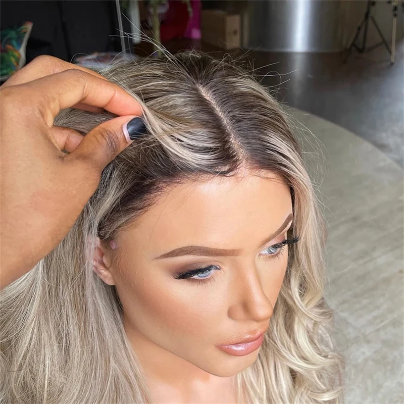 Ombre asch blond gefärbte natürliche gewellte 13x4 hd transparente Spitze Front Perücke gerade Bob leimlose Menschenhaar Frontal Perücken für Frauen