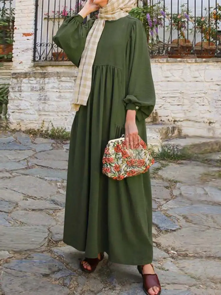 Vintage Maxi Dresses Muslim Fashion Dress Abaya ZANZEA Women Long Puff Sleeve Party Sundress Robe Turkey Hijab Vestidos Kaftan