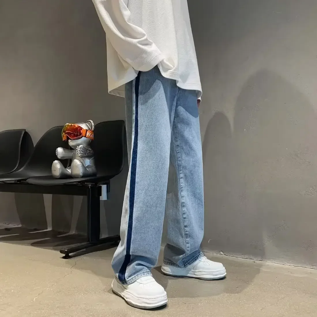 

Trousers Spliced Male Cowboy Pants Straight Jeans for Men Light Blue Wide Leg Autumn Clothing Harajuku Summer Xs Free Shipping