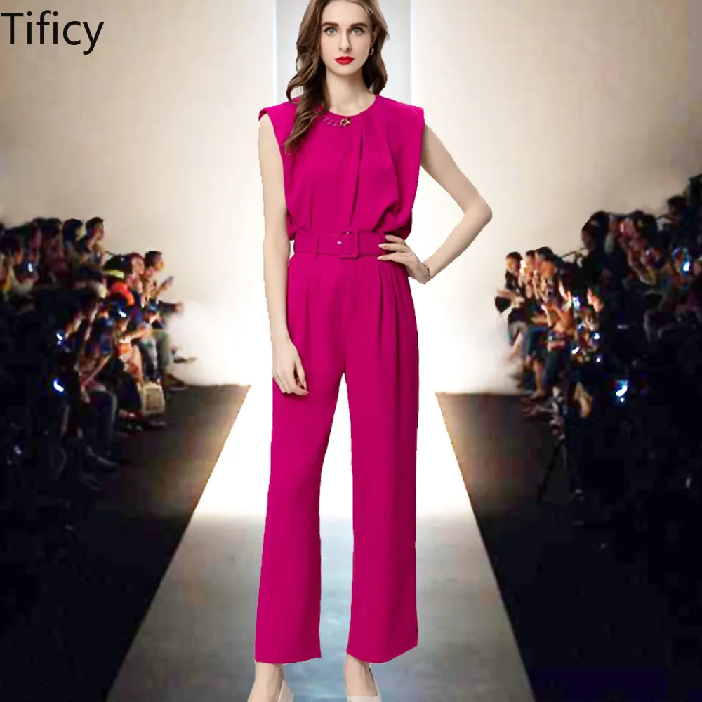 OL Commuting Style 2024 Summer New Women's Round Neck Sleeveless Loose Top+Straight Leg Pants Rose Red Set Jumpsuits