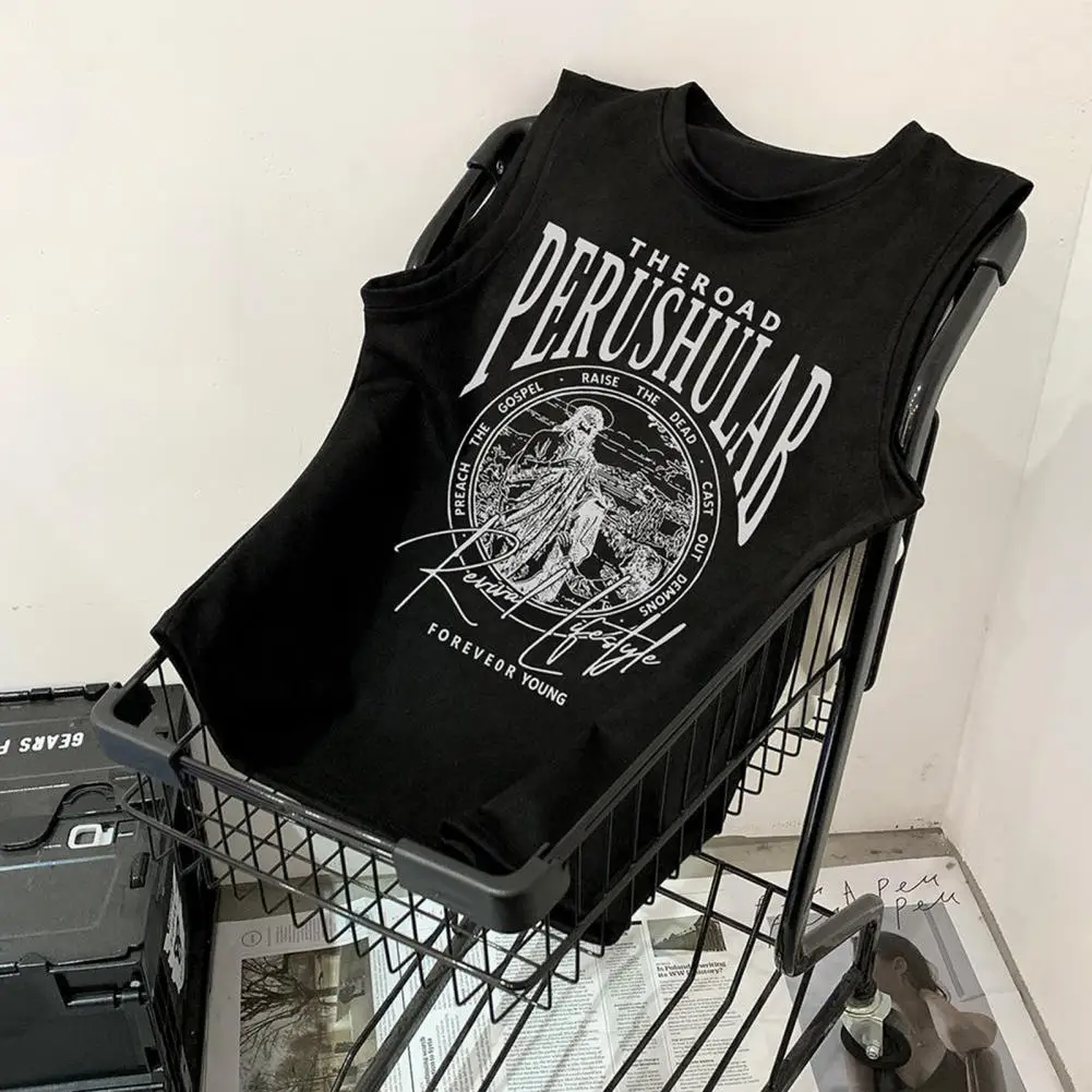 

Men Street Style Vest Retro Street-style Men's Tank Top with Distressed Letter Pattern Loose Fit Summer Sport Tee Shirt