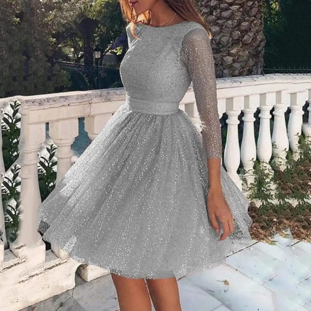 Hot apparel Evening Party Sexy Women See-through Sequins 3/4 Sleeve Backless Dress Gown
