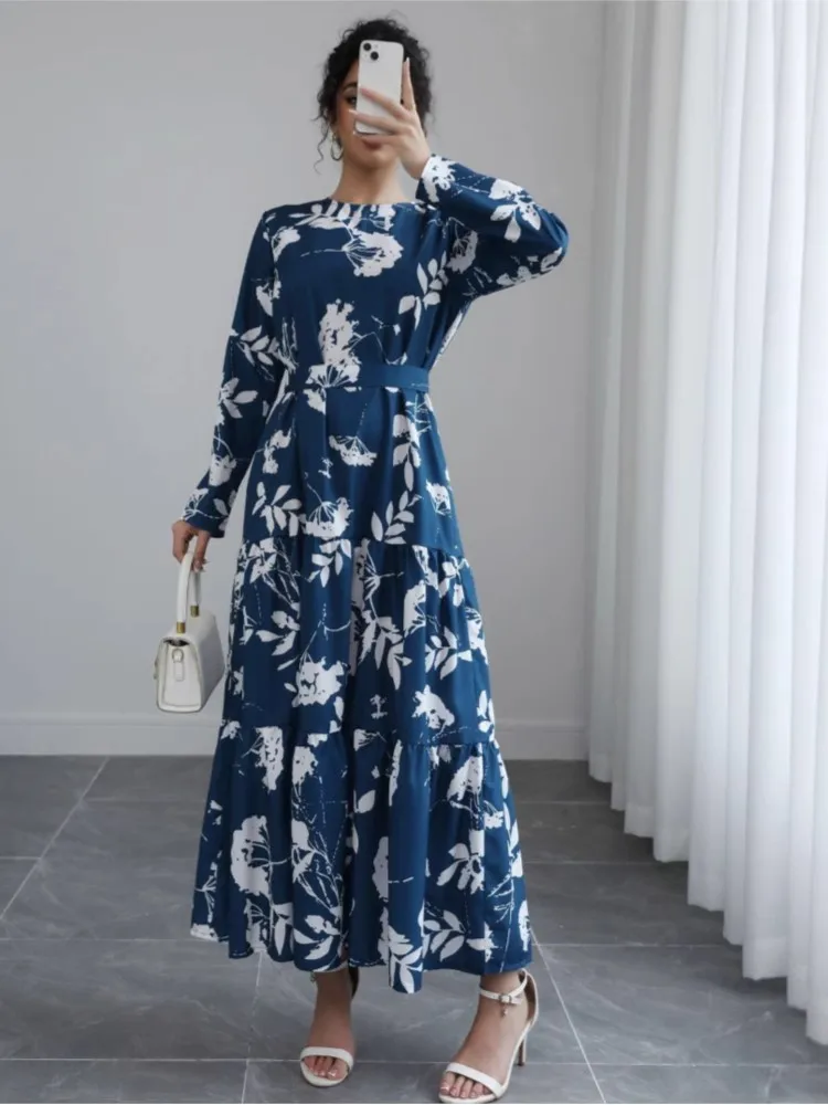 

Winter Autumn Long Dress Printed Vestidos Dresses For Woman O Neck-round Neck Vestido Female Vacation Solid Color Temperament