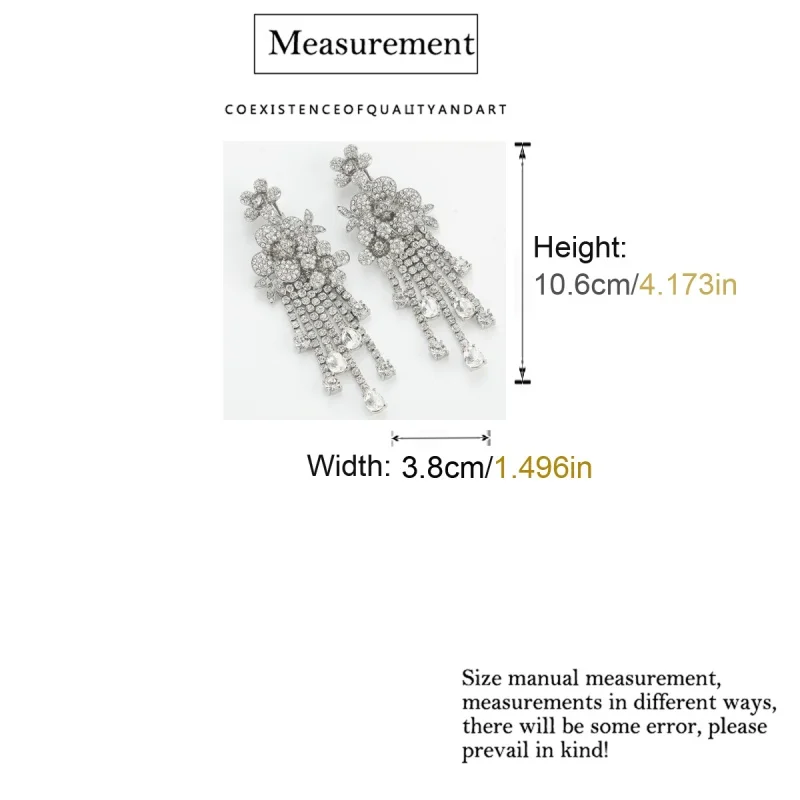 Vintage Silver Color Tassel Earrings Flower Rhinestone Woman Ice Snow Elegant Luxury Quality Jewelry Retro Fashion Gift Daily