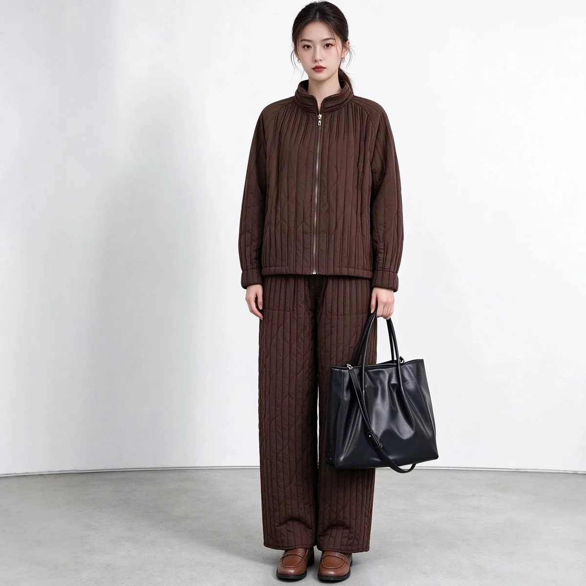 Miyake Ladies Vertical Stripe Padded Two Piece Set, High Neck Zipper Coat + Loose Wide Leg Trousers Casual Warm Outfit