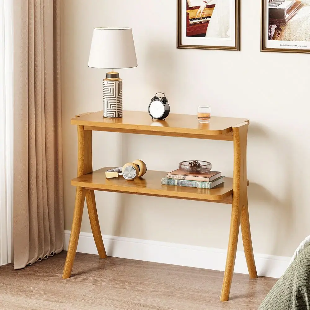 

Narrow Side Table For Living Room, Farmhouse End Table With 2Tier Storage Shelf And Solid Wood Legs, Slim Tall Bedside Table Ni