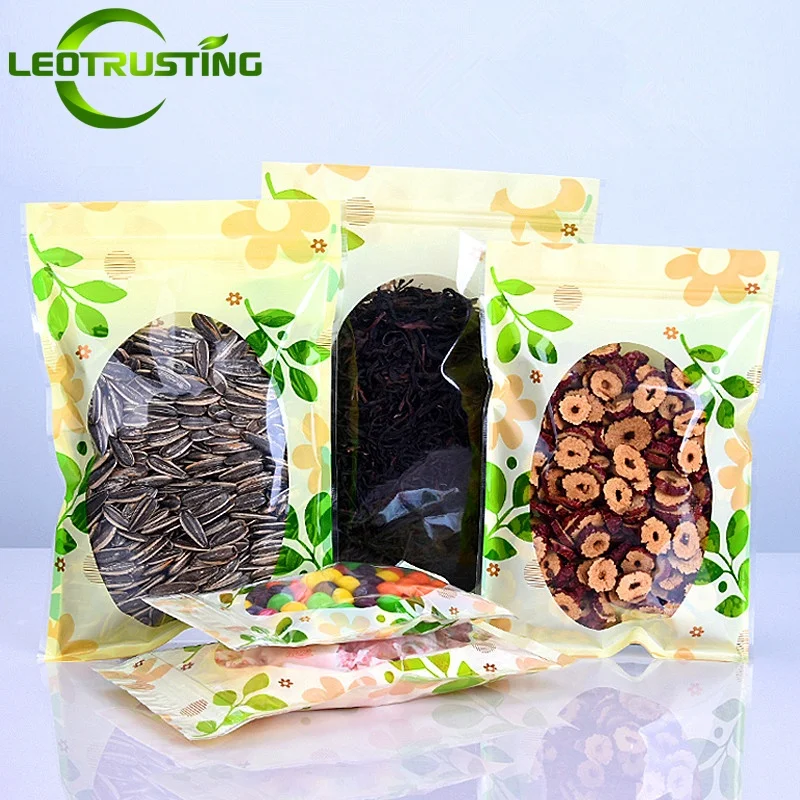 100 STKS Platte Bodem Plastic Ziplock Verpakking Zak DIY Helder Venster Koffie Snack Cookie Poeder Suiker Spice Gift Opslag Zakjes