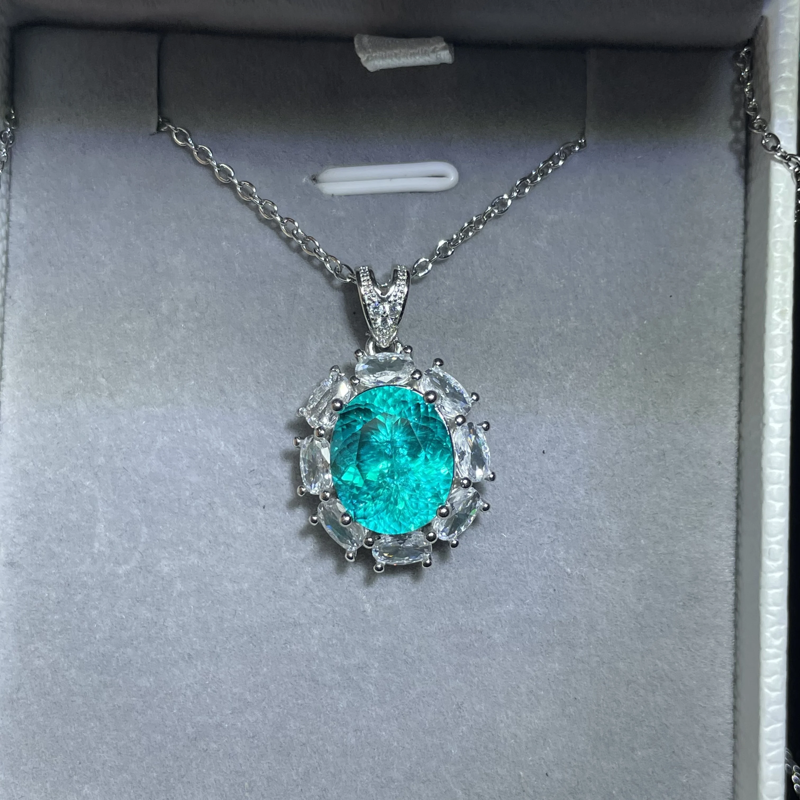 100% S925 pure silver neon blue ice-crack pattern oval Paraira pearl pendant for women, luxurious wedding jewelry
