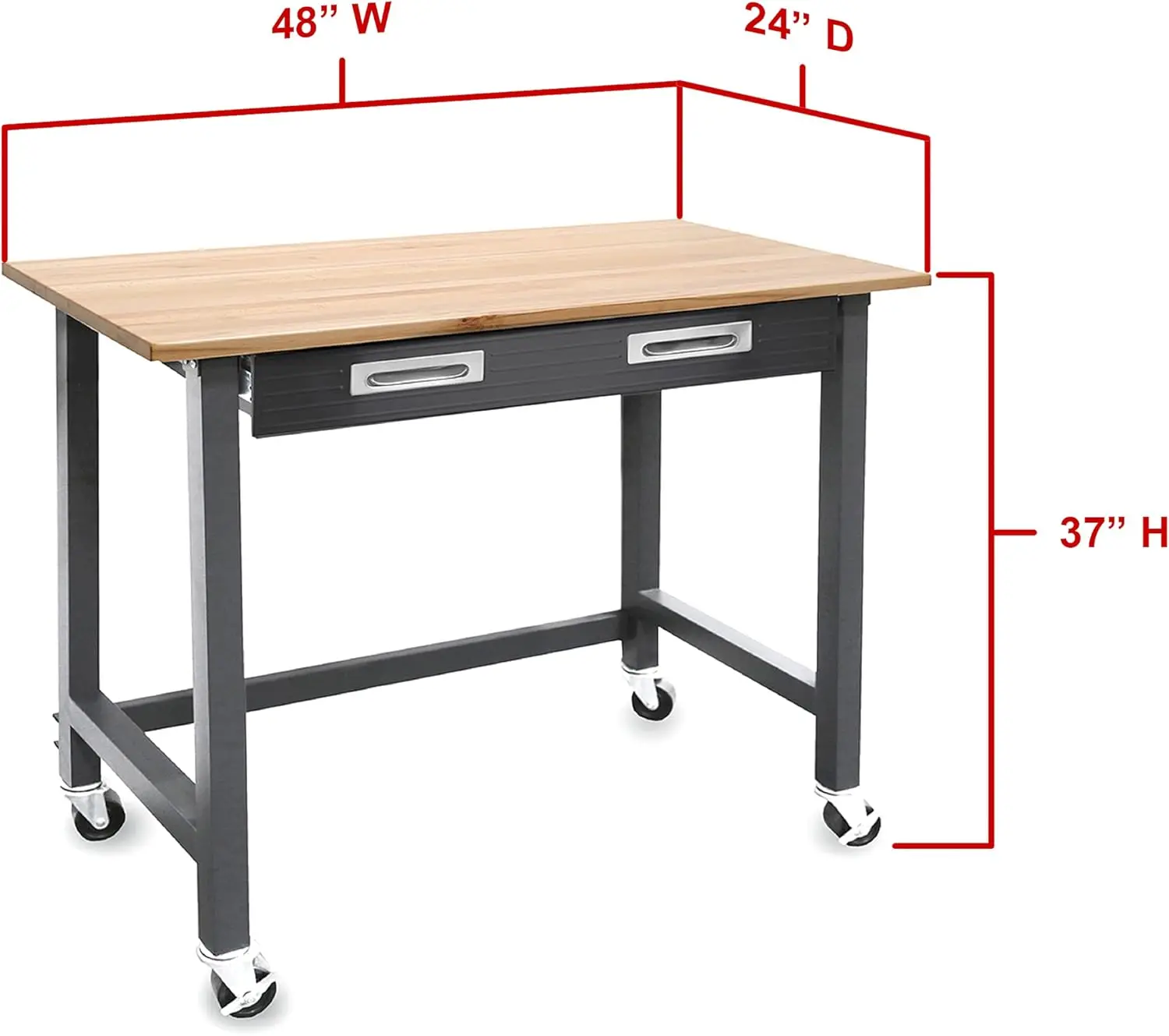 Wood Top Workbench on Wheels with Sliding Organizer Drawer Table, 48