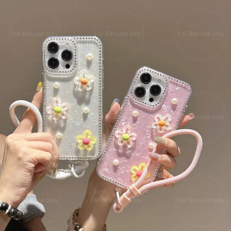 Cartoon Colorful Flower Phone Case iPhone 17 16 Pro Max 15 14 13 Plus 12 11 Fabric Crystal TPU Short Pendant Chain Gentle Cover