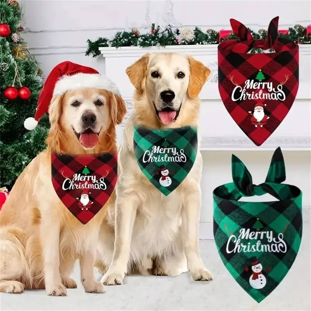 

Christmas Print Dog Scarf Large Pet Scarf Cartoon Red Green Grid Dog Drool Bib Cat Grooming Accessories Pet Supplies