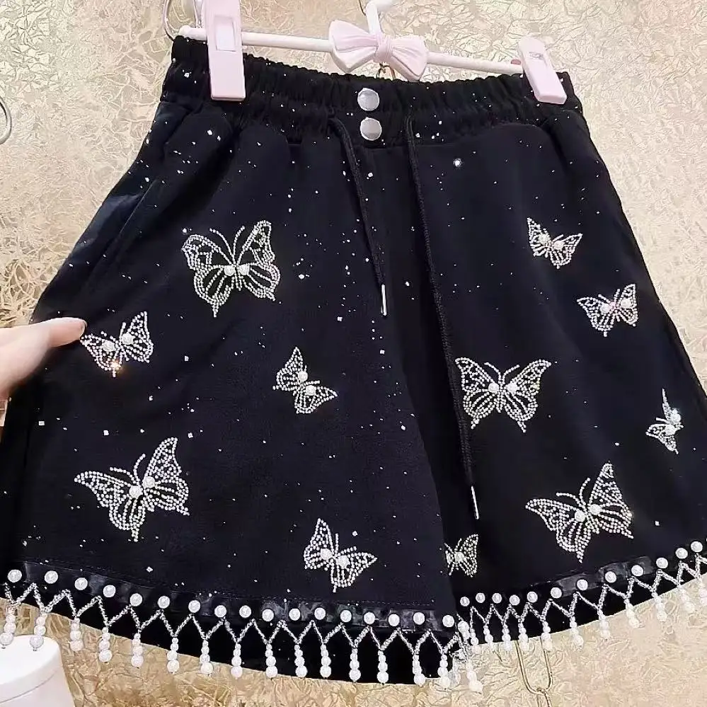 

Женские шорты Y2K с кисточками и жемчугом, черные широкие шорты Cortos, короткие брюки для девочек, короткие брюки с эластичной резинкой на талии