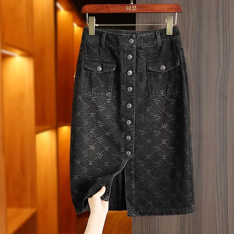 Women's Black Denim Midi Skirt Heart Print Button Front Split Hem Casual Pencil Skirt